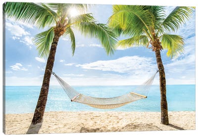 Relaxing Summer Vacation In A Hammock Canvas Art Print - Palm Tree Art