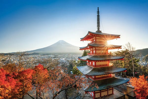 Pagodas: Chureito Pagoda With Mount Fuji In Autumn Season by Jan Becke