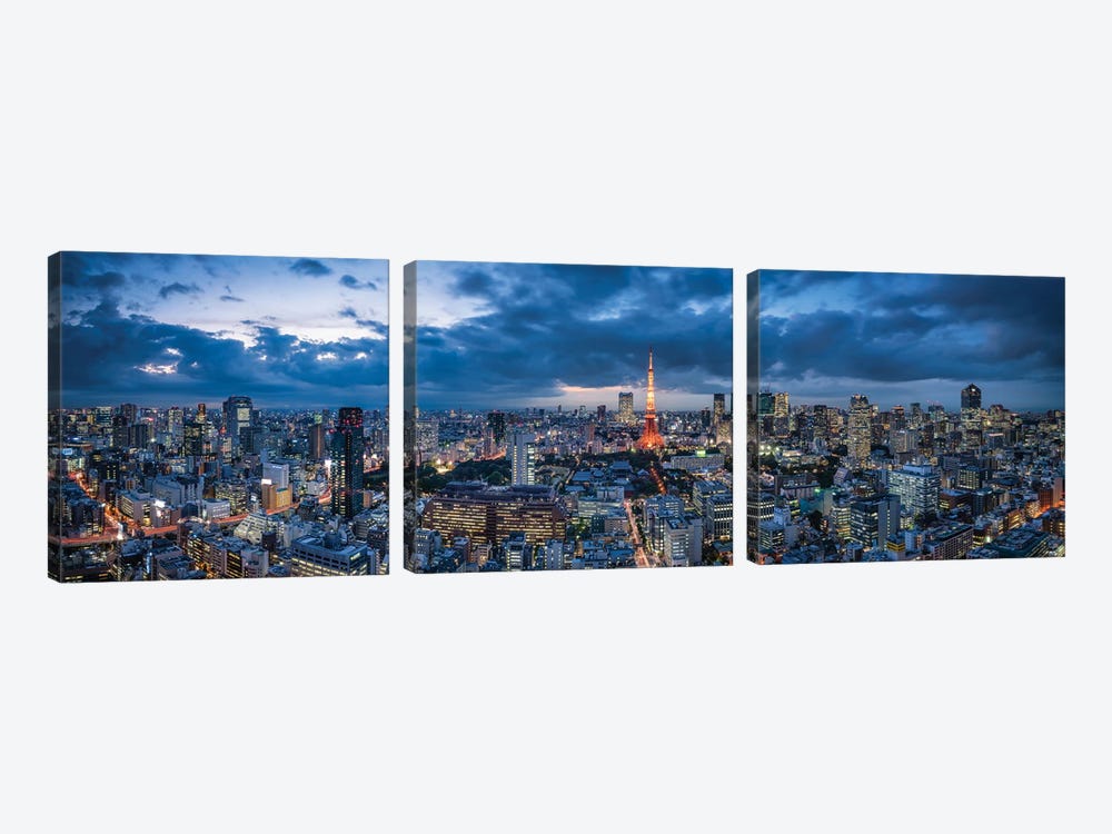 Tokyo Skyline Panorama At Dusk With View Of Tokyo Tower by Jan Becke 3-piece Art Print