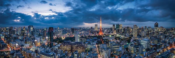 Aerial Photography: Tokyo Skyline Panorama At Dusk With View Of Tokyo Tower by Jan Becke