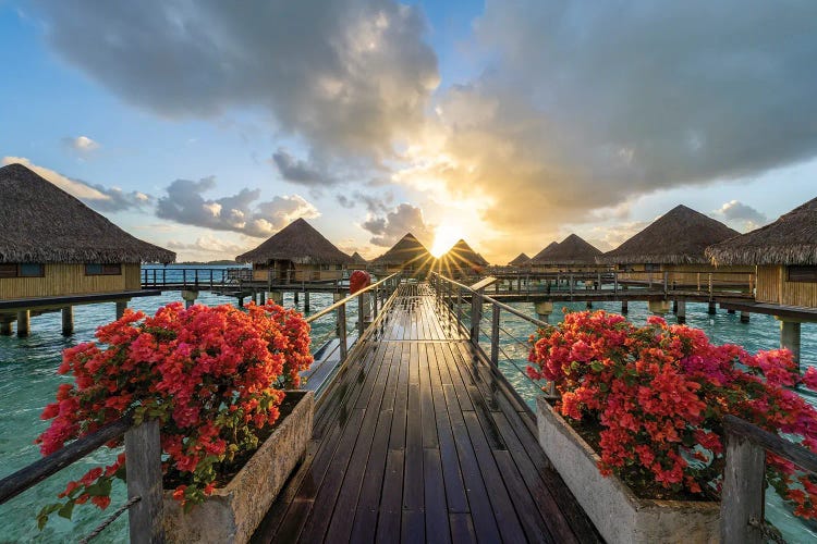 Overwater Bungalows At Sunrise, Bora Bora, French Polynesia