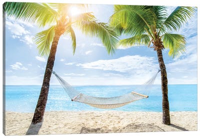 Relaxing In A Hammock At The Beach Canvas Art Print - Palm Tree Art