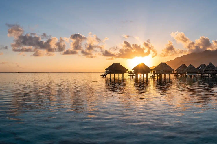 Overwater Bungalows At Sunrise, Moorea, French Polynesia