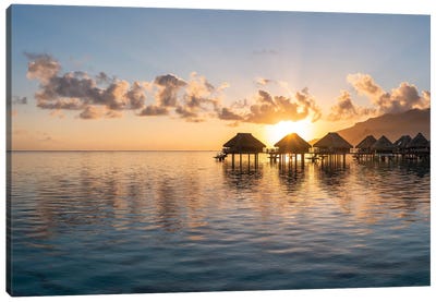 Overwater Bungalows At Sunrise, Moorea, French Polynesia Canvas Art Print