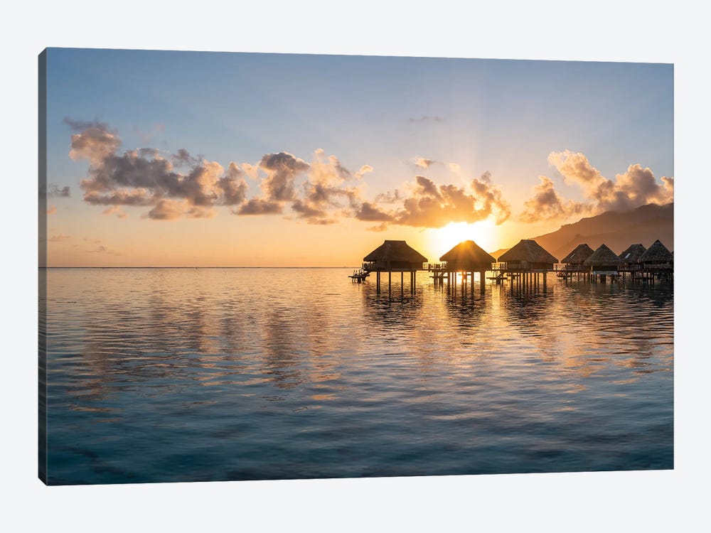Overwater Bungalows At Sunrise, Moorea, French Polynesia by Jan Becke 1-piece Canvas Print