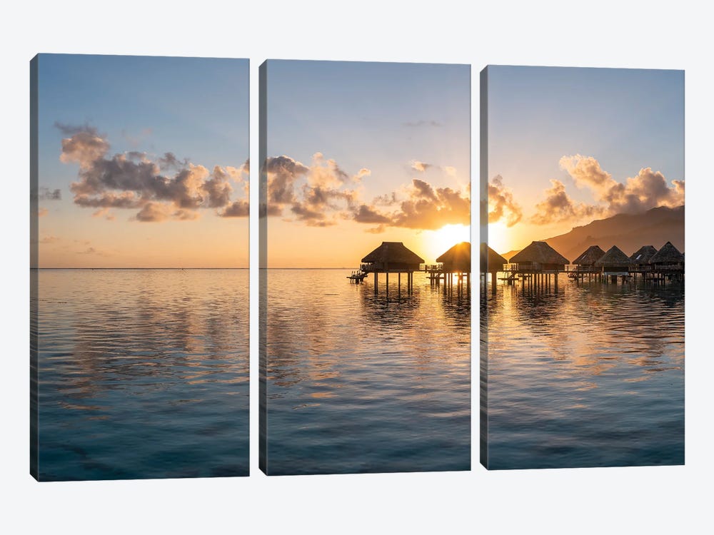 Overwater Bungalows At Sunrise, Moorea, French Polynesia by Jan Becke 3-piece Canvas Print