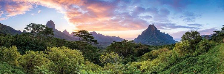 Panoramic Sunset View Of Mount Rotui On Moorea, French Polynesia