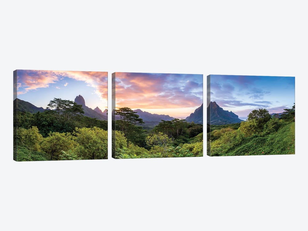 Panoramic Sunset View Of Mount Rotui On Moorea, French Polynesia by Jan Becke 3-piece Canvas Artwork