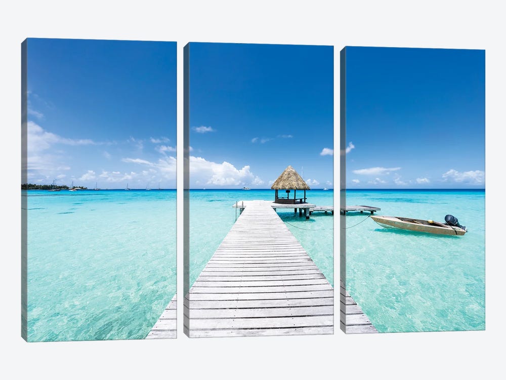 Wooden Pier At The Blue Lagoon, South Seas, French Polynesia by Jan Becke 3-piece Canvas Wall Art