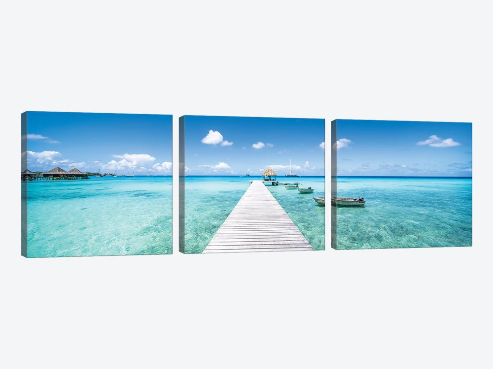 Wooden Pier On The Lagoon In French Polynesia by Jan Becke 3-piece Art Print