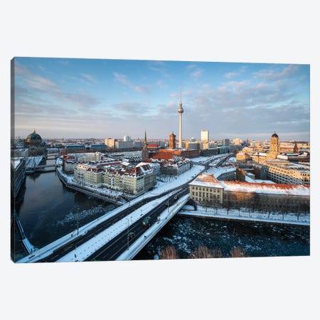 Berlin Skyline In Winter With View Of The Berliner Fernsehturm (Berlin Television Tower) And Spree River Canvas Print #JNB1737} by Jan Becke Art Print