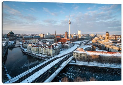Berlin Skyline In Winter With View Of The Berliner Fernsehturm (Berlin Television Tower) And Spree River Canvas Art Print - Berlin Art