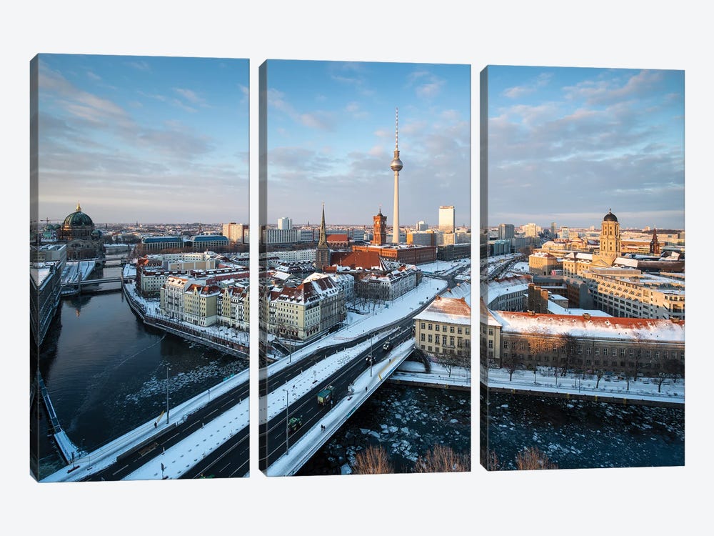 Berlin Skyline In Winter With View Of The Berliner Fernsehturm (Berlin Television Tower) And Spree River by Jan Becke 3-piece Canvas Art Print