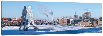 Molecule Statue And Frozen Spree River With Fernsehturm Berlin (Berlin Television Tower) And Oberbaum Bridge In The Background Canvas Art Print - Berlin Art