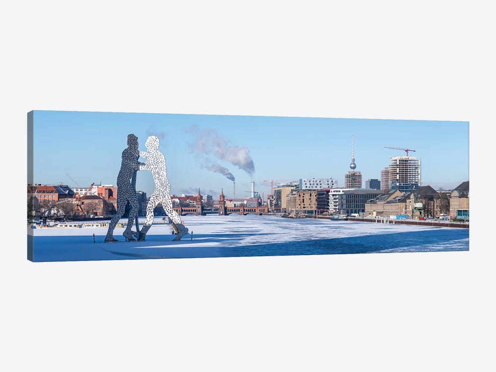 Molecule Statue And Frozen Spree River With Fernsehturm Berlin (Berlin Television Tower) And Oberbaum Bridge In The Background by Jan Becke 1-piece Canvas Print