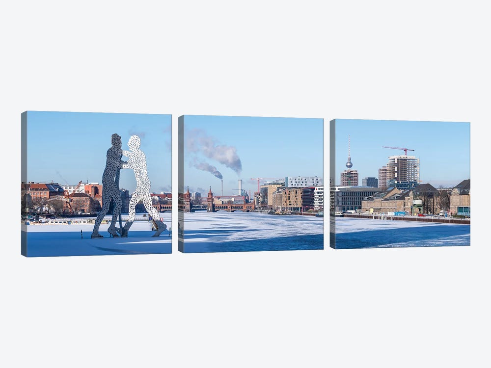 Molecule Statue And Frozen Spree River With Fernsehturm Berlin (Berlin Television Tower) And Oberbaum Bridge In The Background by Jan Becke 3-piece Canvas Art Print