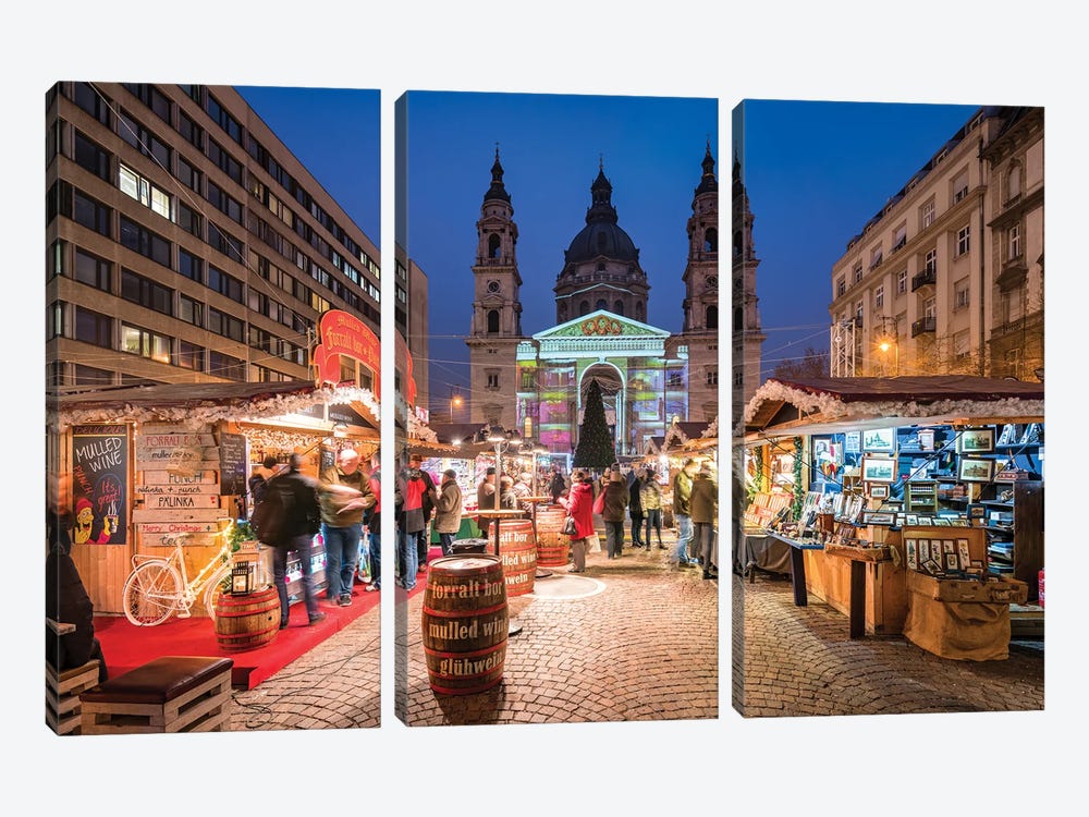 Christmas Market In Front Of Budapest Basilica, Hungary by Jan Becke 3-piece Canvas Artwork