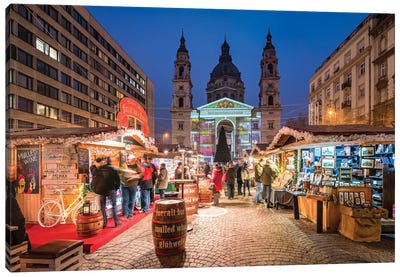 Christmas Market In Front Of Budapest Basilica, Hungary Canvas Art Print - Hungary Art