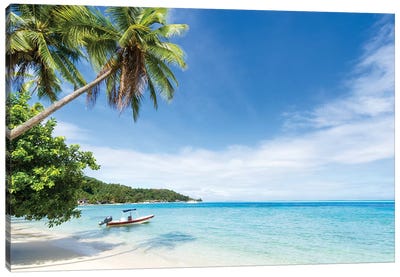 Idyllic Beach With Palm Trees And Boat On Bora Bora Canvas Art Print - French Polynesia Art