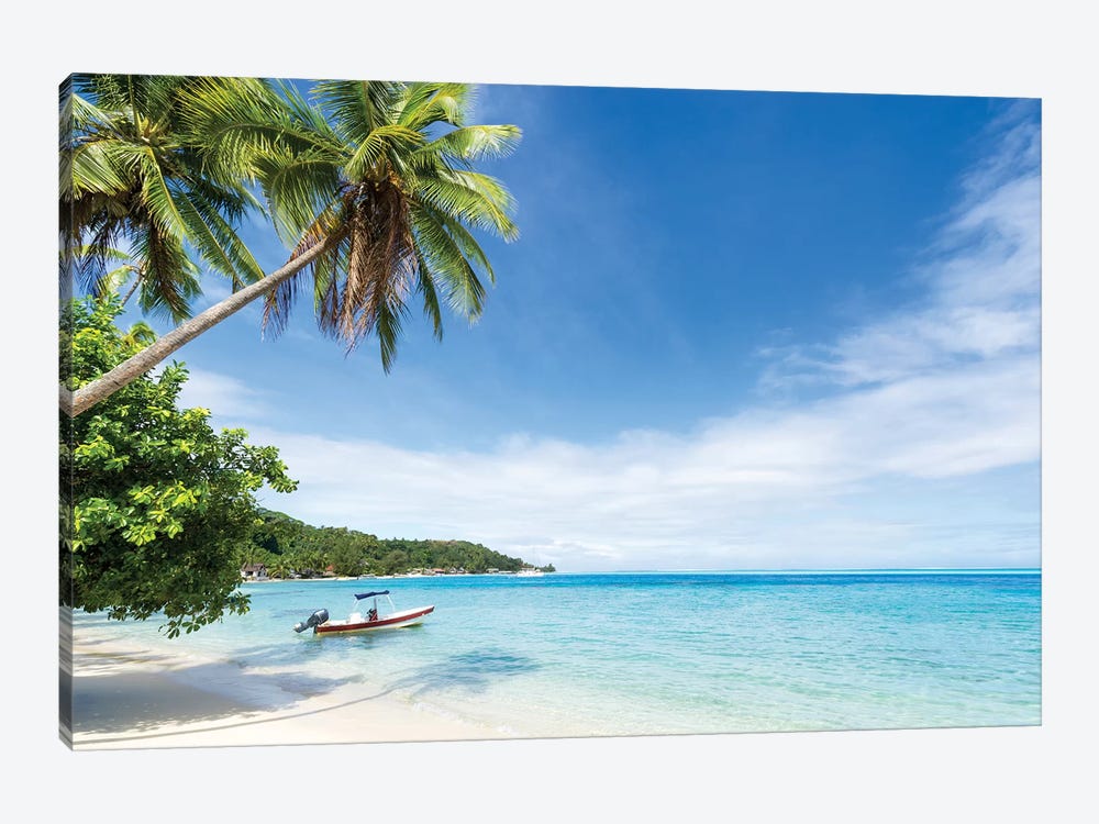 Idyllic Beach With Palm Trees And Boat On Bora Bora by Jan Becke 1-piece Canvas Art
