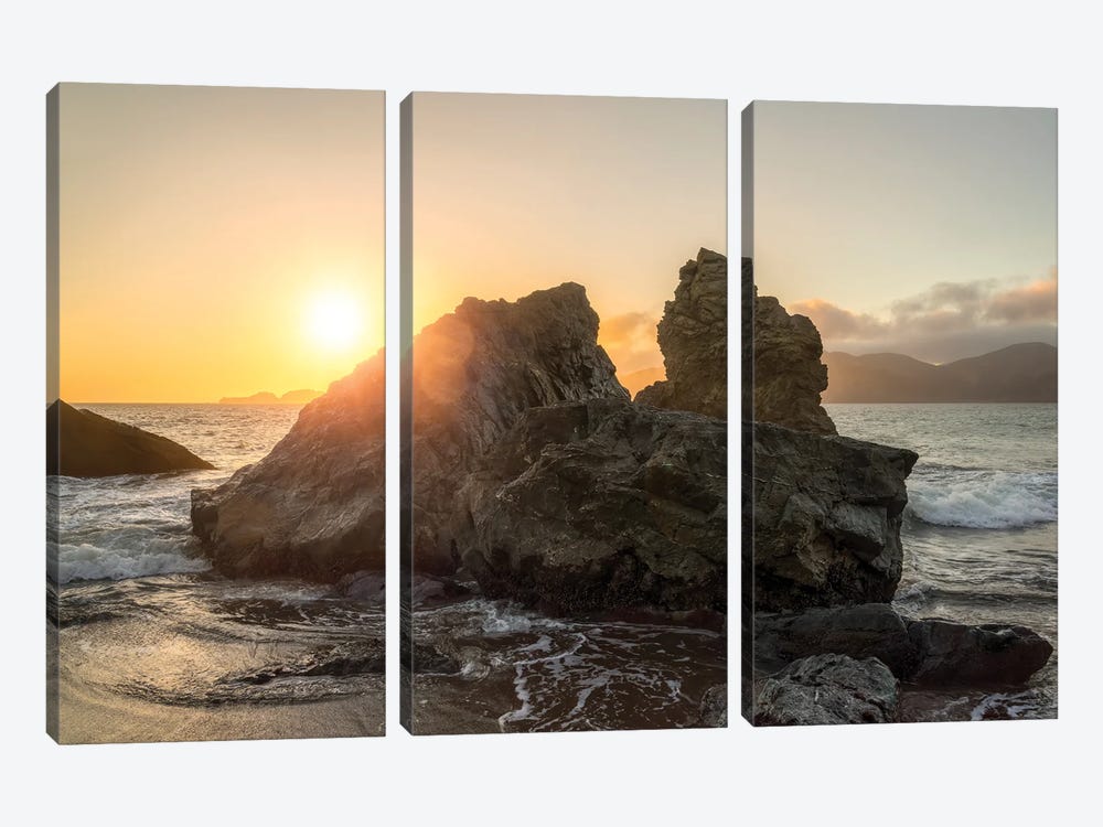 Large Rock Near The Coast At Sunset by Jan Becke 3-piece Canvas Print