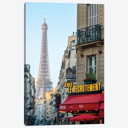 Eiffel Tower And Cafe "Le Recrutement" In Paris, France Canvas Print #JNB1802} by Jan Becke Canvas Wall Art
