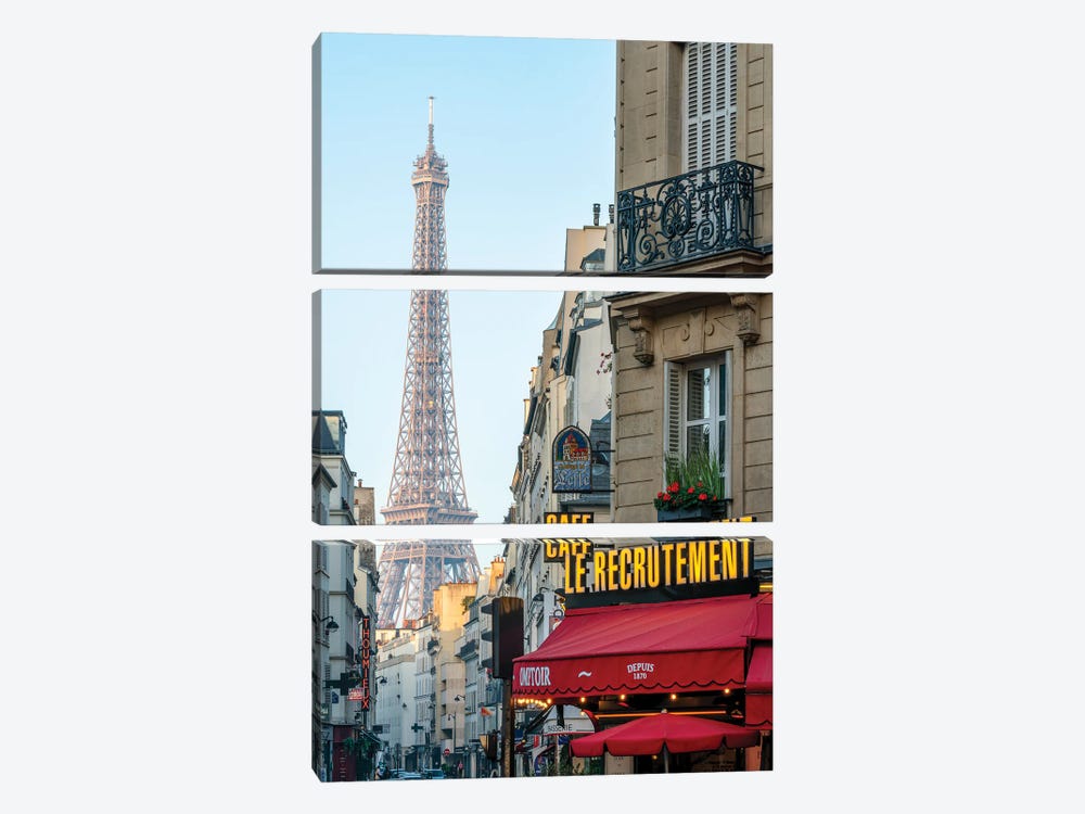 Eiffel Tower And Cafe "Le Recrutement" In Paris, France by Jan Becke 3-piece Canvas Print