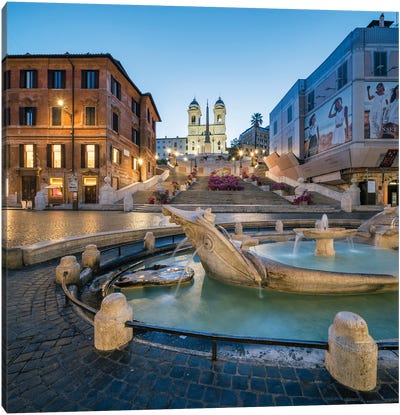 Spanish Steps And Fontana Della Barcaccia Fountain, Piazza Di Spagna, Rome, Italy Canvas Art Print - Rome Art