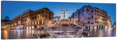 Panoramic View Of The Spanish Steps And Fontana Della Barcaccia Fountain At The Piazza Di Spagna, Rome, Italy Canvas Art Print - Fountain Art