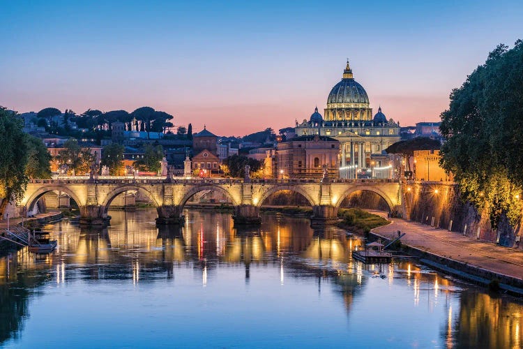 Rome Skyline With View Of St. Peter's Basilica And Tiber River At Sunset, Rome, Italy