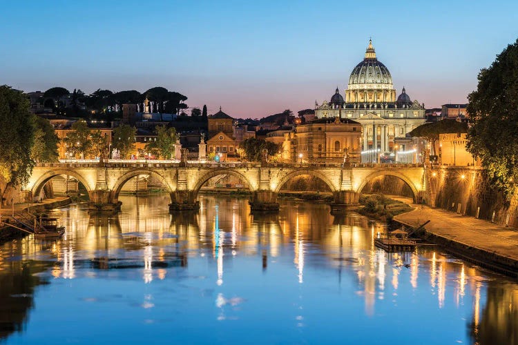 St. Peter's Basilica And Tiber River At Sunset, Rome, Italy