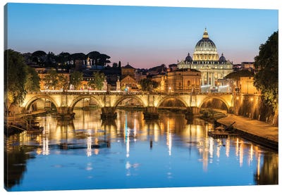 St. Peter's Basilica And Tiber River At Sunset, Rome, Italy Canvas Art Print - Rome Skylines