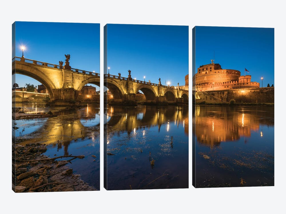 Castel Sant'Angelo And Ponte Sant'Angelo Along The Tiber River At Night, Rome, Italy by Jan Becke 3-piece Canvas Wall Art