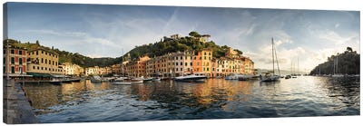 Portofino Harbour Panorama At Sunrise, Genoa, Italy Canvas Art Print - Genoa