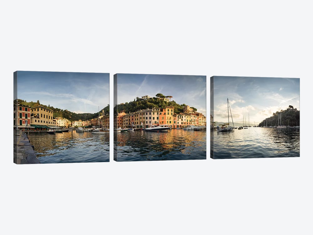Portofino Harbour Panorama At Sunrise, Genoa, Italy by Jan Becke 3-piece Canvas Wall Art