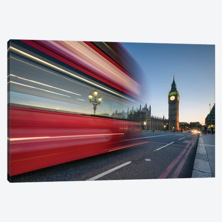 Red Double Decker Bus Crossing Westminster Bridge With Big Ben In The Background, London, United Kingdom Canvas Print #JNB1885} by Jan Becke Canvas Art Print