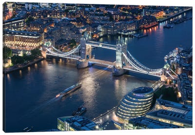 Aerial View Of Tthe Tower Bridge At Night, London, United Kingdom Canvas Art Print - Tower Bridge
