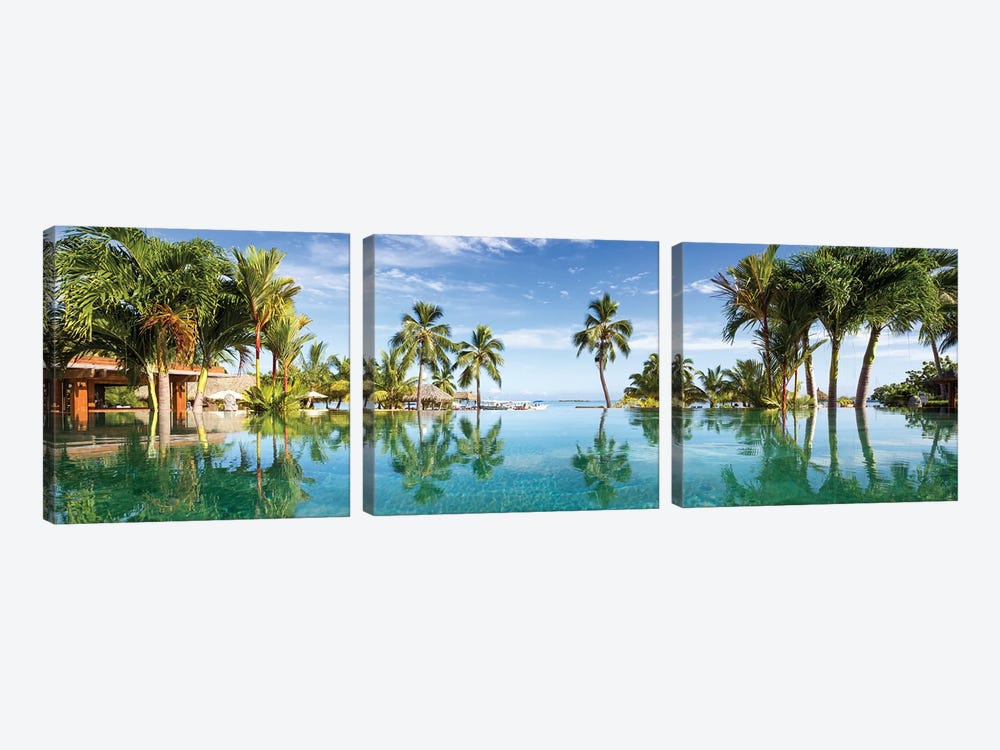 Infinity Pool At A Luxury Beach Resort On Tahiti by Jan Becke 3-piece Canvas Artwork