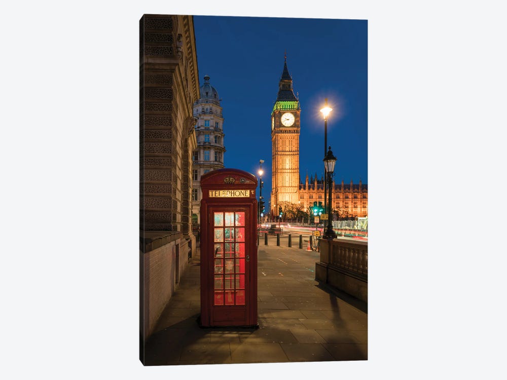 Traditional Red Telephone Booth In Front Of Big Ben, London, United Kingdom by Jan Becke 1-piece Canvas Wall Art