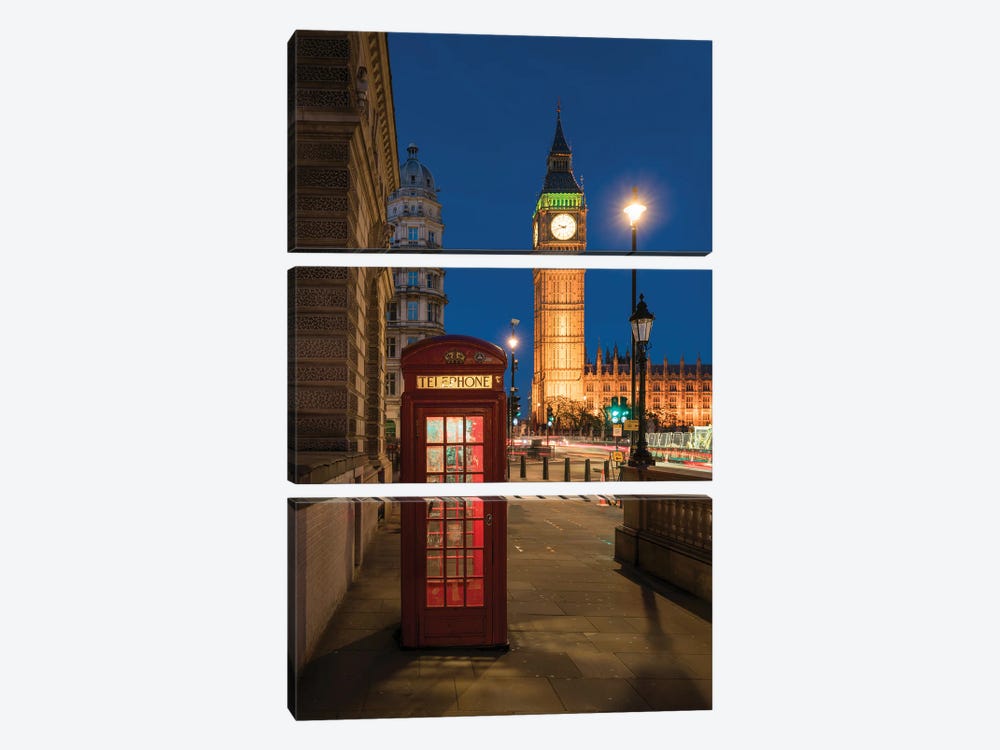 Traditional Red Telephone Booth In Front Of Big Ben, London, United Kingdom by Jan Becke 3-piece Canvas Art