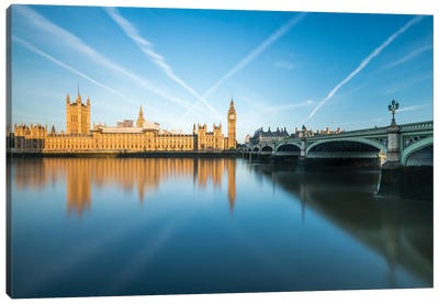 Palace Of Westminster With Big Ben And Westminster Bridge At Sunrise, London, United Kingdom Canvas Art Print - London Skylines