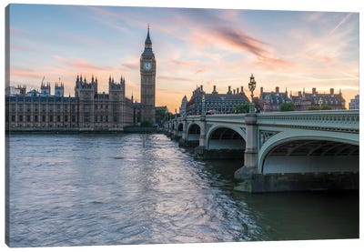 Palace Of Westminster With Big Ben And Westminster Bridge At Sunset, London, United Kingdom Canvas Art Print - City Sunrise & Sunset Art