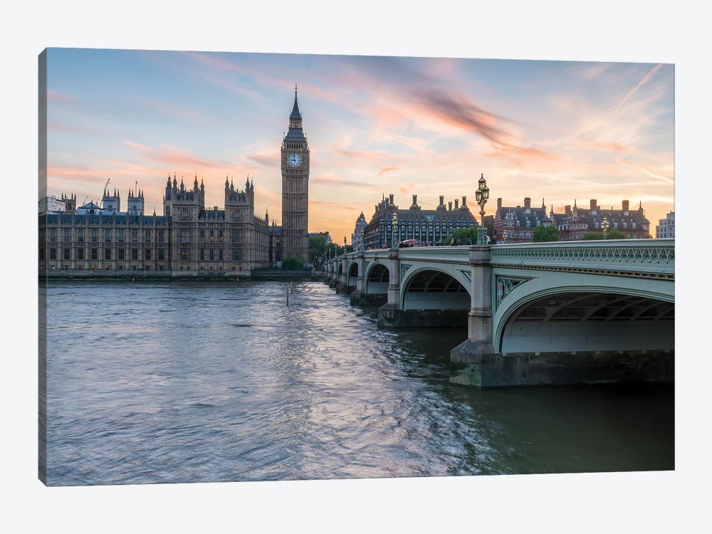 Palace Of Westminster With Big Ben And Westminster Bridge At Sunset, London, United Kingdom by Jan Becke 1-piece Canvas Artwork