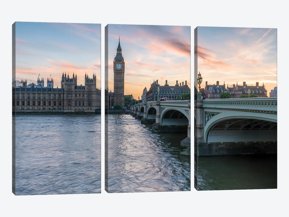 Palace Of Westminster With Big Ben And Westminster Bridge At Sunset, London, United Kingdom by Jan Becke 3-piece Canvas Artwork
