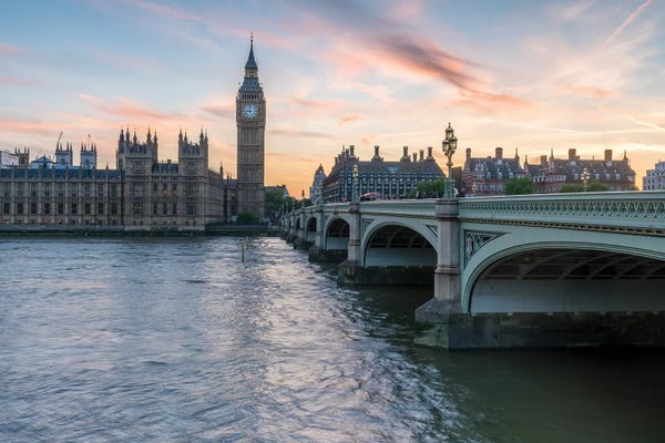 London: Palace Of Westminster With Big Ben And Westminster Bridge At Sunset, London, United Kingdom by Jan Becke