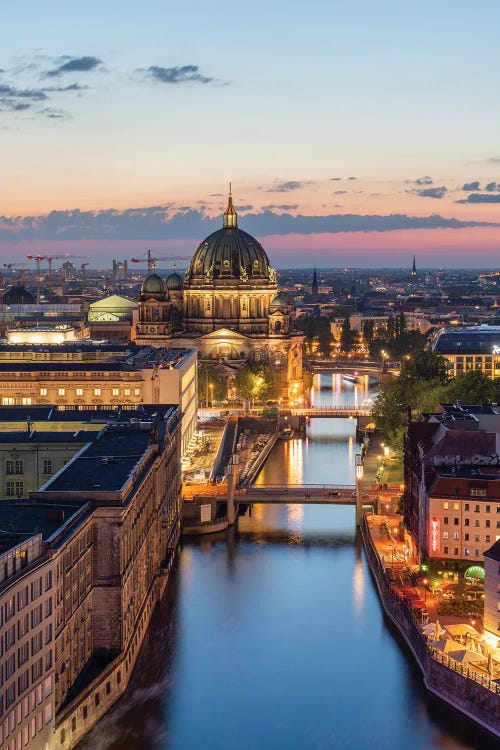 Aerial View Of The Berlin Cathedral And Spree River At Night, Berlin, Germany