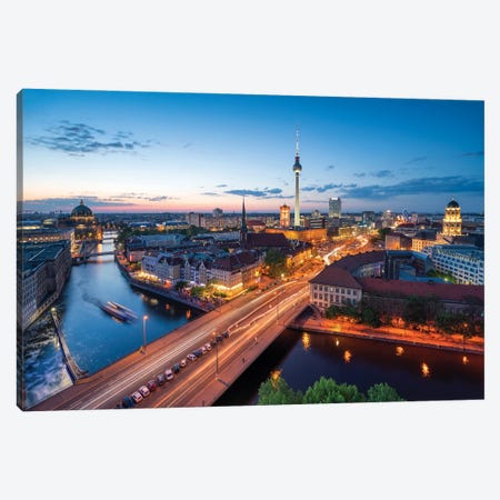 Aerial View Of The Berlin Skyline At Night With View Of The Historic Nikolaiviertel And Fernsehturm Berlin Canvas Print #JNB1904} by Jan Becke Canvas Wall Art