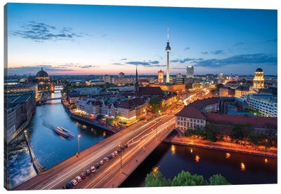 Aerial View Of The Berlin Skyline At Night With View Of The Historic Nikolaiviertel And Fernsehturm Berlin Canvas Art Print - Berlin Art