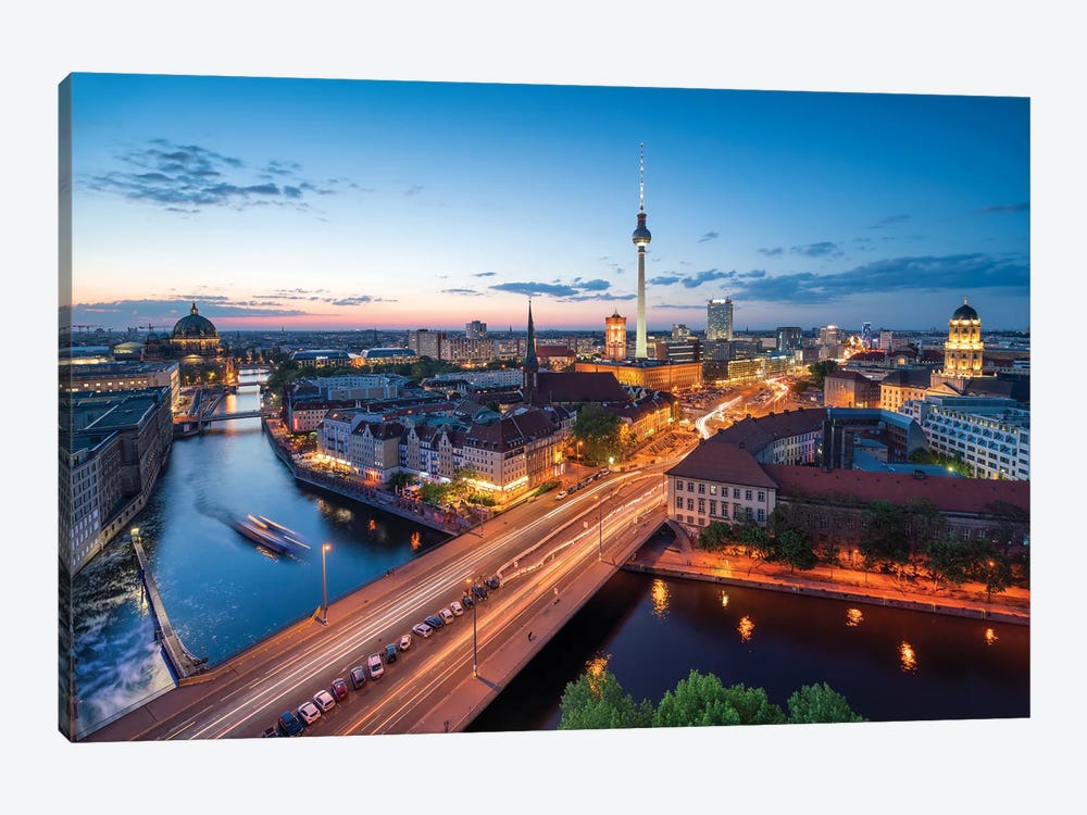 Aerial View Of The Berlin Skyline At Night With View Of The Historic Nikolaiviertel And Fernsehturm Berlin by Jan Becke 1-piece Canvas Artwork