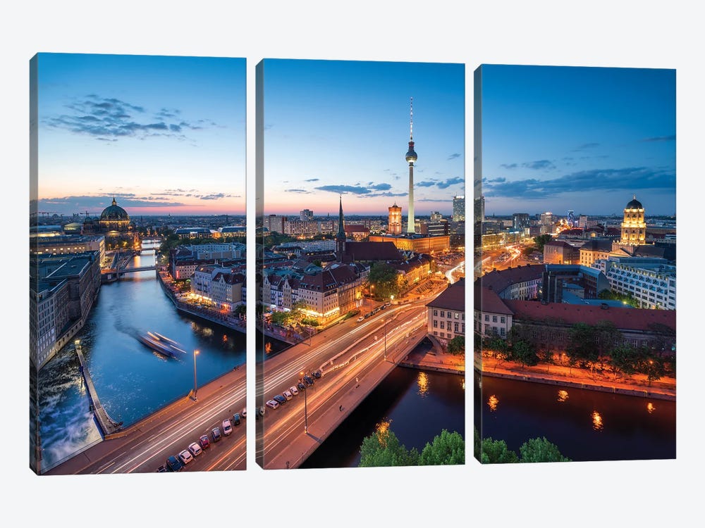 Aerial View Of The Berlin Skyline At Night With View Of The Historic Nikolaiviertel And Fernsehturm Berlin by Jan Becke 3-piece Canvas Wall Art